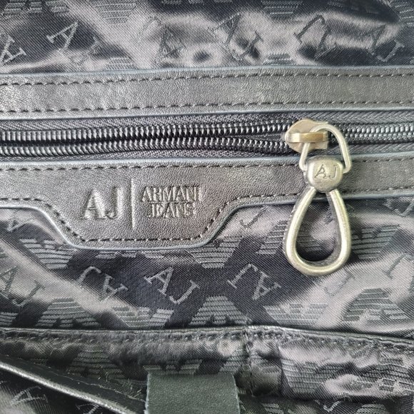 ARMANI JEANS Black Leather Backpack With Red White Stripe on The Side Pocket - Picture 12 of 15